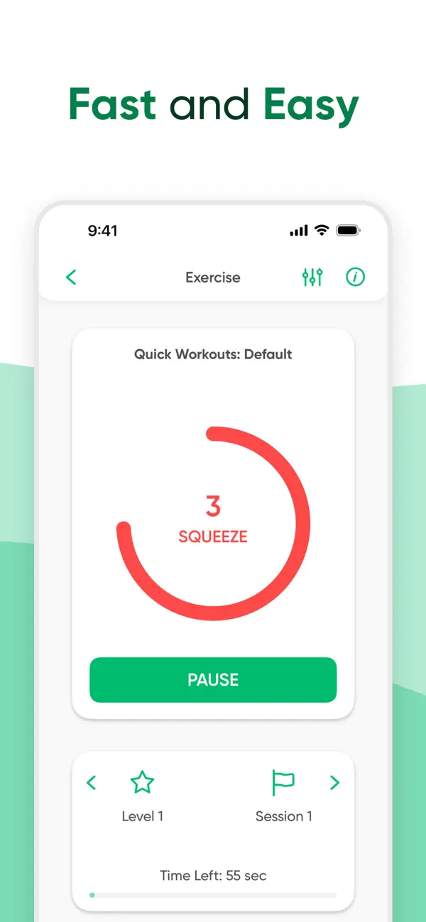 Kegel Trainer’s guided exercise countdown with pause and session controls