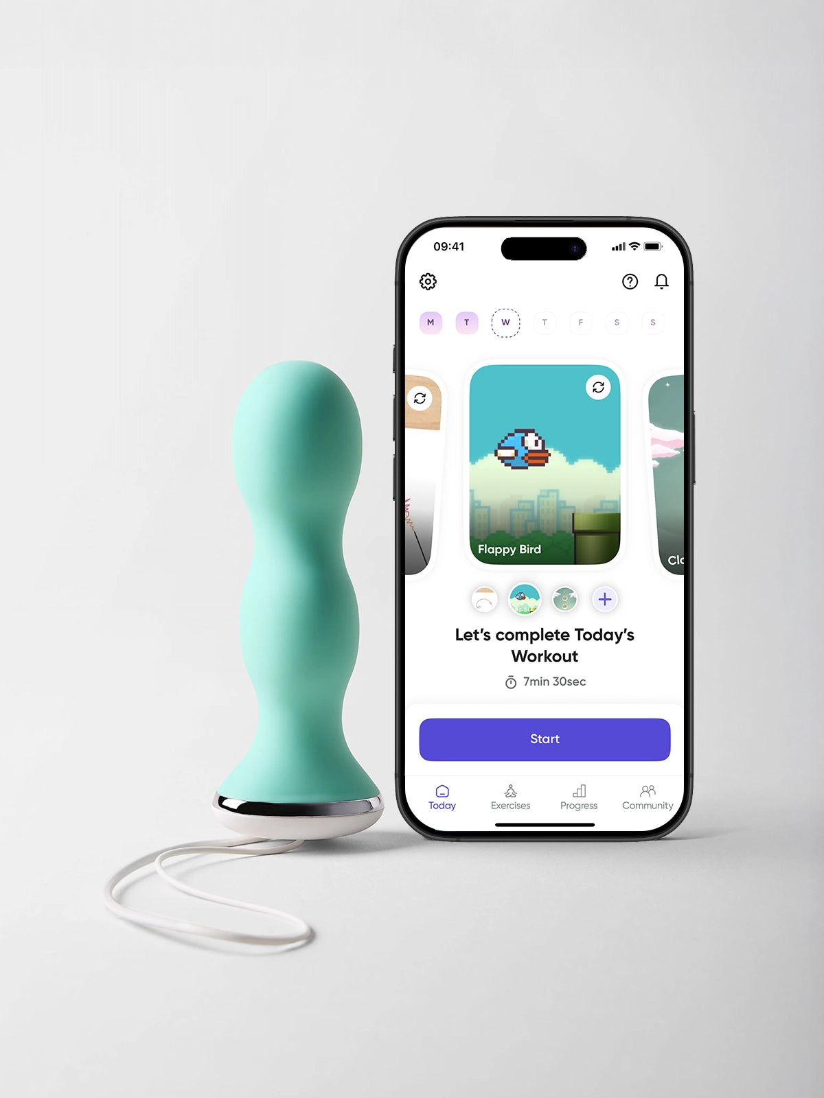 Green Perifit Care device beside a phone showing its exercise games
